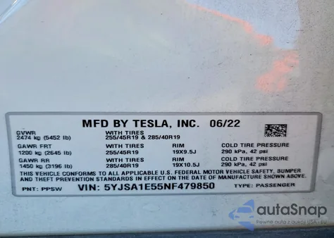2022 Tesla Model S z USA, uszkodzony, nr VIN 5YJSA1E55NF479850